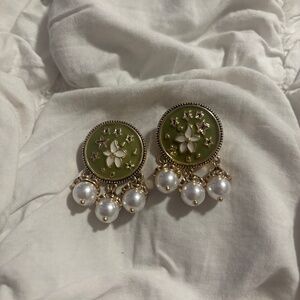 Anthropologie Olive Green Enamel Star & Pearl Hoop Earrings